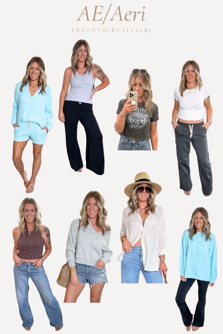 Ae/Aerie loves!
25% off with code: SPRINGLTK
Matching blue set - large top, medium shorts
Gray tank - large
Black sweatpants - medium long
Sublime tee - large
Black beach pants - medium long (run short)
Maroon tank - large
Jeans - 10 xtra long
Grey sweatshirt - medium
Button down - large (fits very oversized)
Blue sweatshirt- large
Flare leggings - large long #LTKSpringSale

#LTKsalealert #LTKmidsize