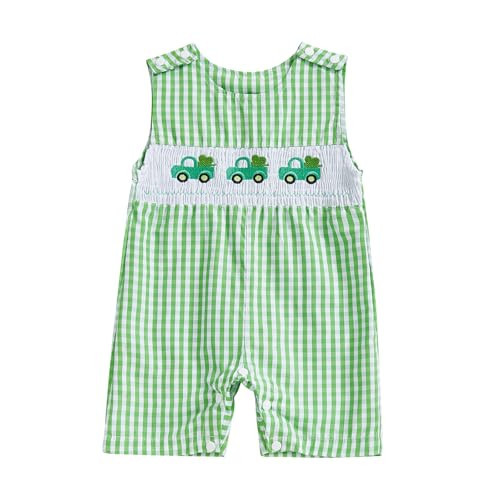 Kuriozud Smocked Baby Boy Girl Clothes Sleeveless Romper Jumpsuit Overall Newborn Infant Clothing Spring Summer Outfits (St. Patricks Day Car Shamrock, 0-3 Months) | Amazon (US)