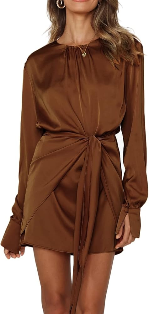 R.Vivimos Women's Satin Dress Long Sleeve Casual Wrap Ruched Tie Waist Party Mini Dress | Amazon (US)