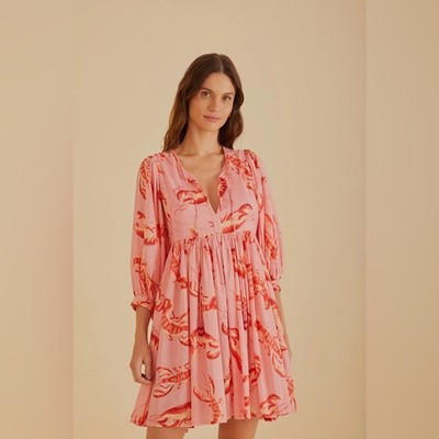 Farm Rio Pink Red Lobster Babydoll V Neck Tie Front Dress Large NWOT | eBay US