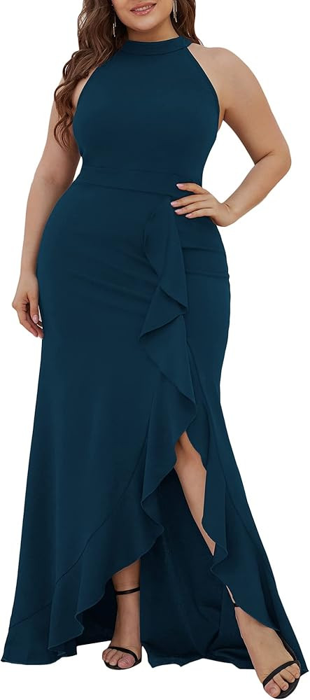 Alisapan Women's Plus Size Empire Waist Elastic Split Mermaid High Neck Sleeveless Long Formal Dress | Amazon (US)