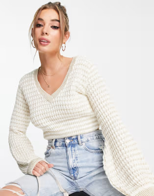 In The Style x Dani Dyer textured  volume sleeve crochet jumper in stone | ASOS (Global)