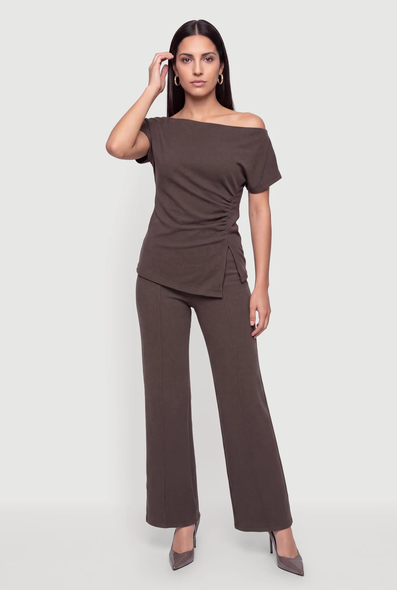 Brushed Ribbed Knit One Shoulder Top | Rainbow Shops