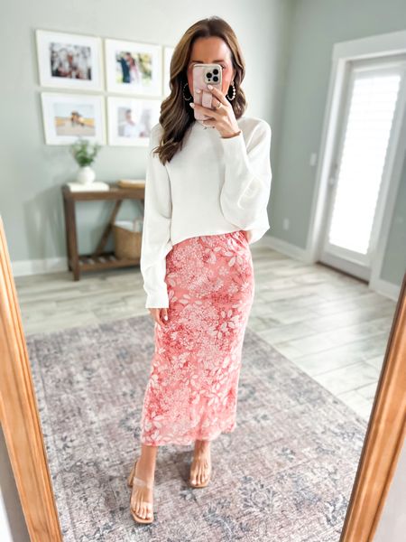 Target midi skirt (XXS). Floral midi skirt. Cream Amazon sweater. Target clear heels (TTS). Spring outfit. Baby shower outfit. Brunch outfit. 

#LTKunder50 #LTKshoecrush #LTKFind