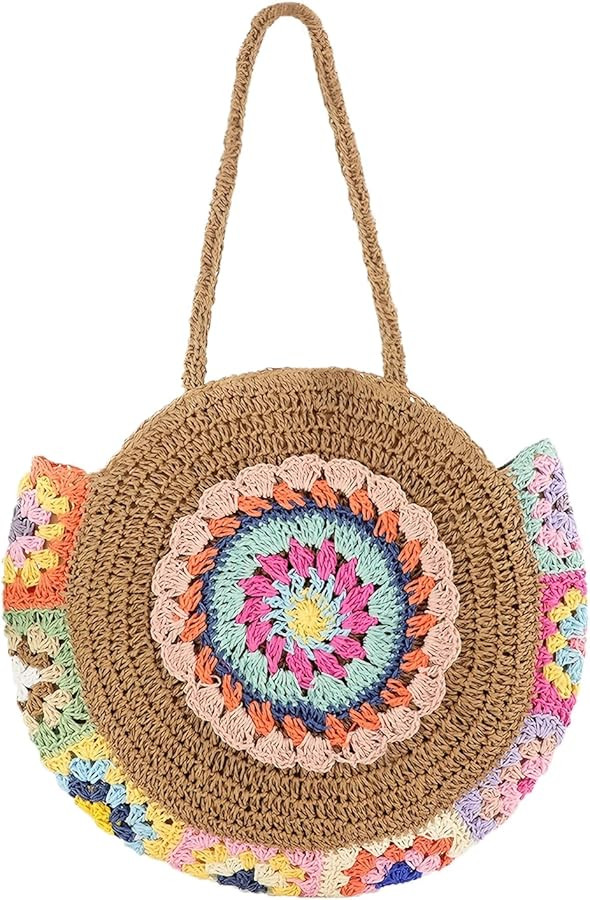 Straw Bags for Women Large Beach Tote Bag Floral Crochet Woven Shoulder Purse Summer Handbag | Amazon (US)