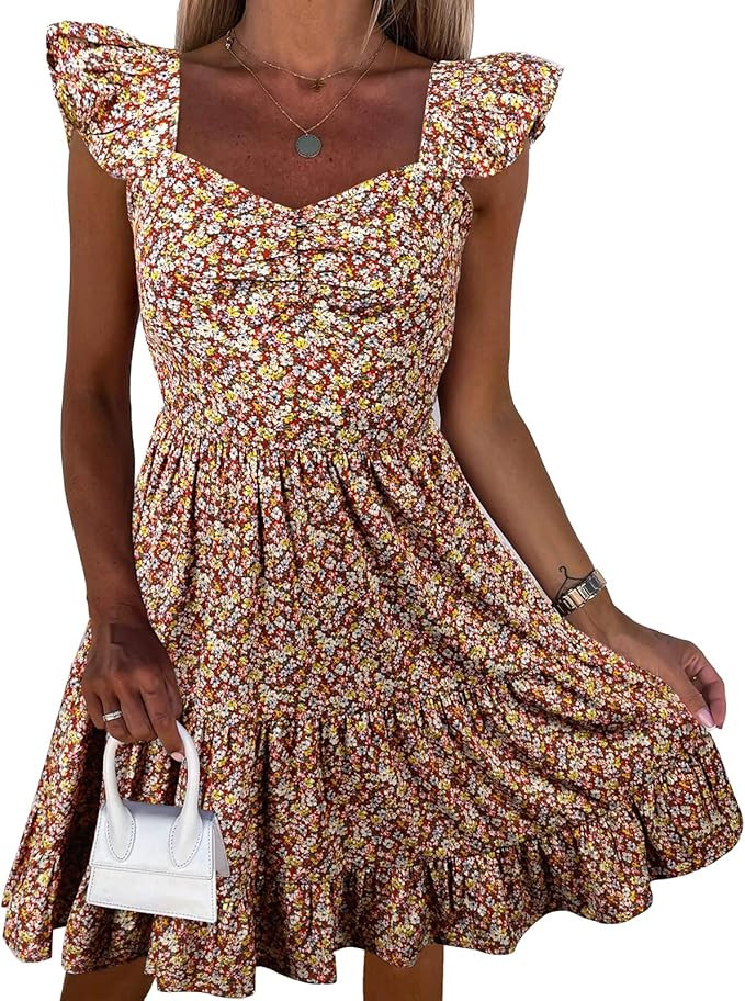 PRETTYGARDEN Women's Casual Summer Dress Floral Boho Ruffle Strap Backless Tiered Mini Short Beac... | Amazon (US)