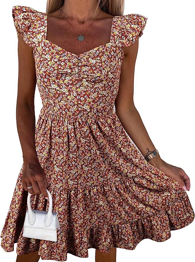 PRETTYGARDEN Women's Casual Summer Dress Floral Boho Ruffle Strap Tiered Mini Short Aline Beach S... | Amazon (US)