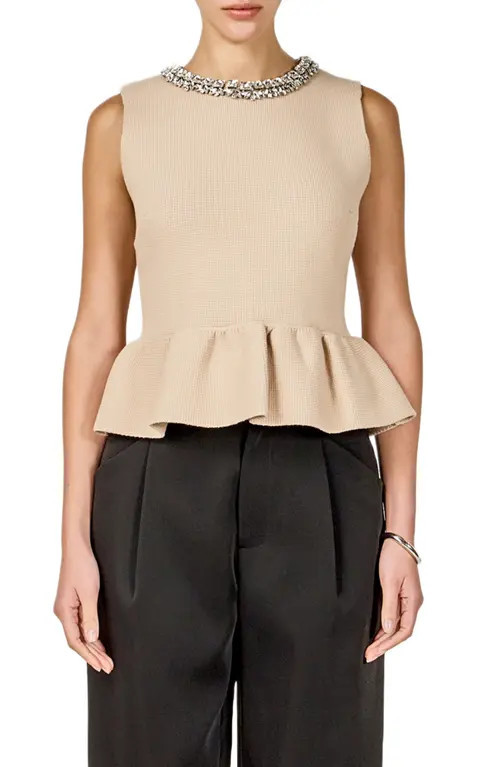 Endless Rose Embellished Knit Peplum Top in Beige at Nordstrom, Size X-Small | Nordstrom