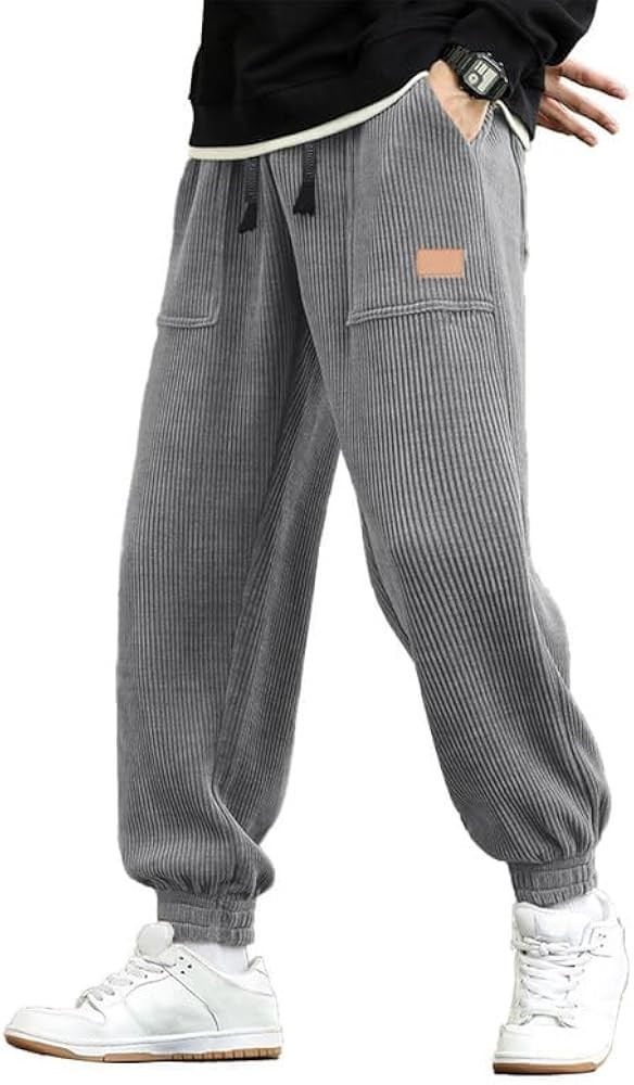 JMIERR Mens Corduroy Joggers Pants Casual Cargo Pants Drawstring Elastic Waist Baggy Tapered Swea... | Amazon (US)