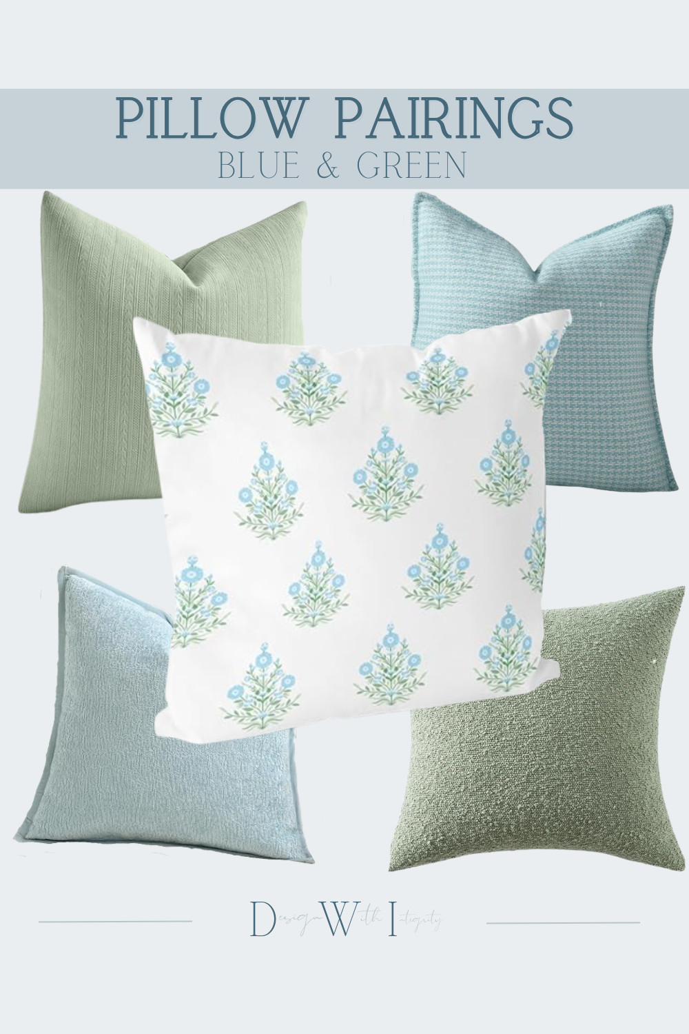 This blue and green pillow pairing is a perfect example of how color can feel both fresh and timeless. The delicate botanical print acts as the focal point, while the soft sage green and airy blue solids create balance throughout the arrangement. Layered textures add depth, and the subtle variation in pattern scale keeps the look visually interesting without feeling busy.

I love how the crisp white background allows the blue and green tones to shine while maintaining a light, relaxed aesthetic. This combination feels equally at home in a coastal retreat, cottage inspired living room, or a serene bedroom designed for everyday comfort.

Shop the full pillow pairing through my LTK and bring this fresh designer inspired look into your home.

#PillowPairings #BlueAndGreenDecor #LayeredInteriors #HomeStylingIdeas #DesignerDecor 

 #LTKHome
