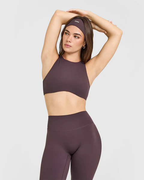 SoftMotion™ High Neck Sports Bra with White Logo 
 Dark Umber Brown | Oner Active (UK / US)