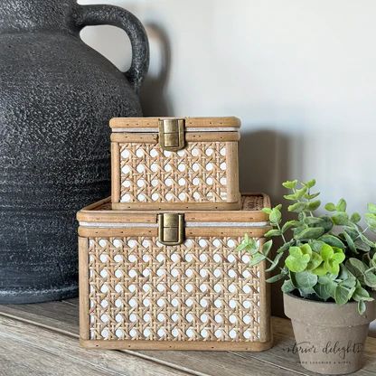 Rattan Boxes with Bronze Latches- Set of 2 | Interior Delights
