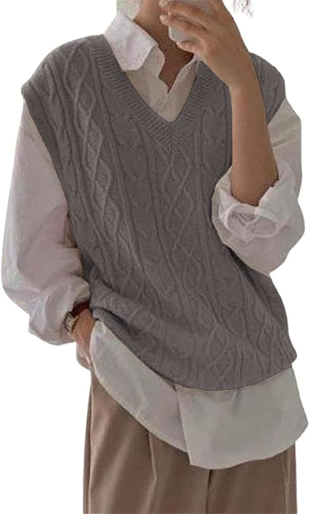 Women's V Neck Sweater Vest Oversized Sleeveless Loose Knit Tops Cable Sleeveless Sweater | Amazon (US)
