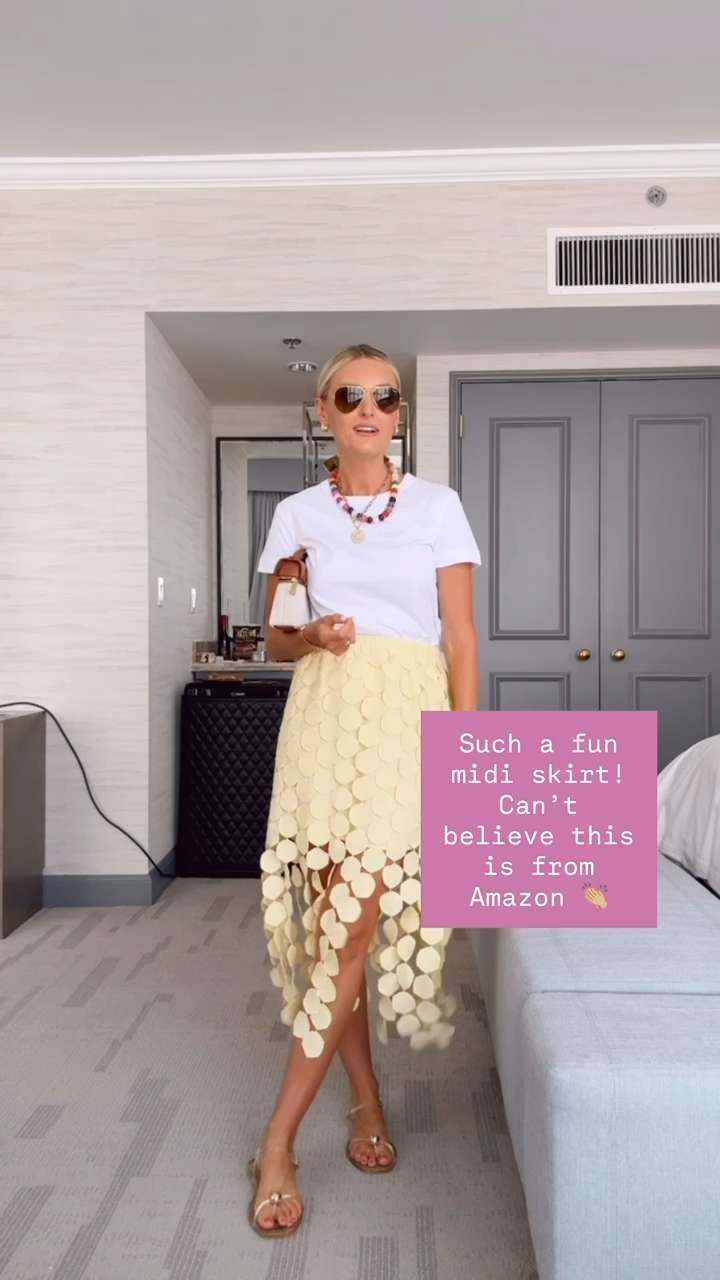 Can you believe this skirt is from Amazon?! This is such a fun statement piece to add to your closet! Wearing S!

Loverly Grey, Amazon, summer outfit, butter yellow, midi skirt, white tee, statement necklaces 

 #LTKSeasonal