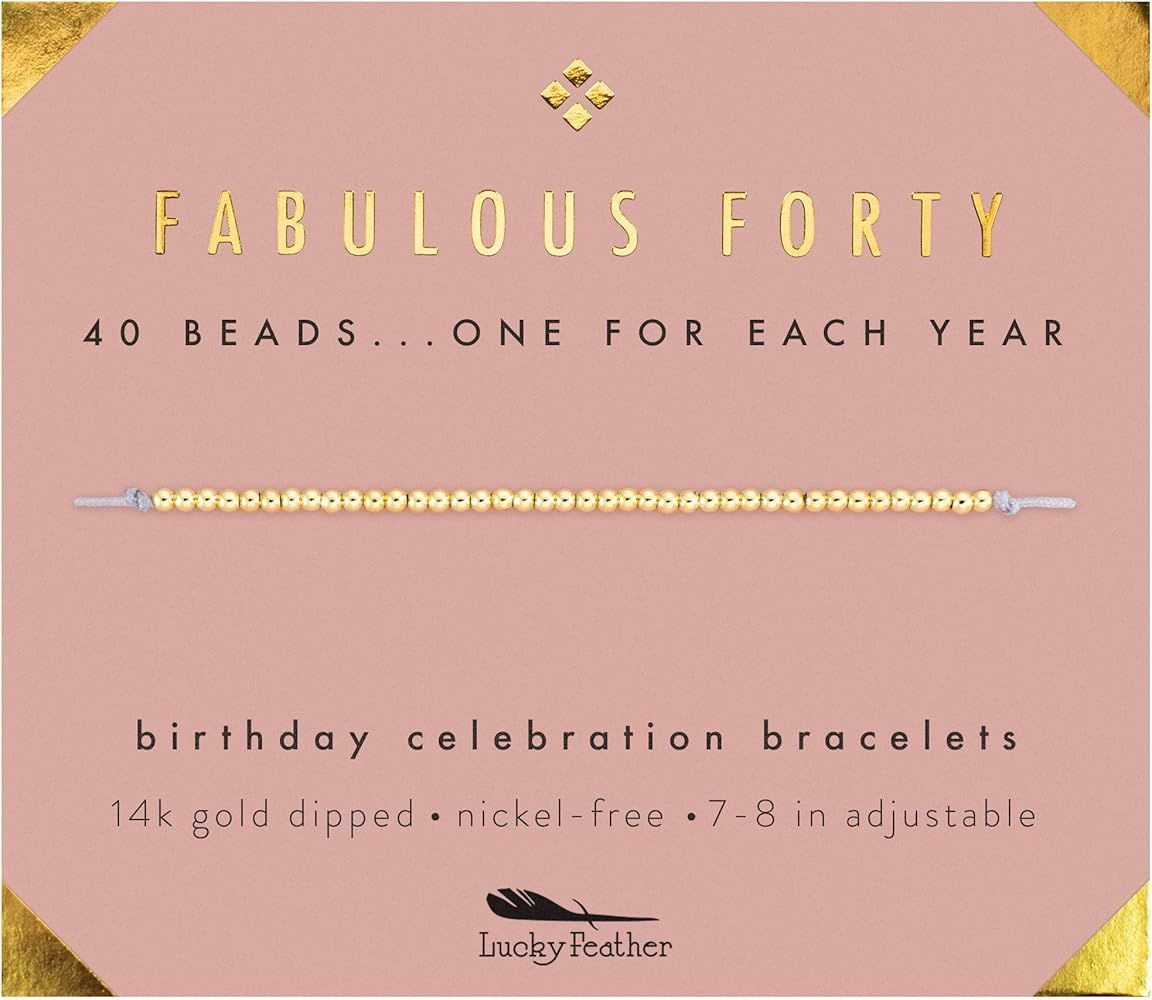 Lucky Feather 40th Birthday Gifts for Women, 14K Gold Dipped Beads Bracelet on Adjustable 7"- 8" ... | Amazon (US)