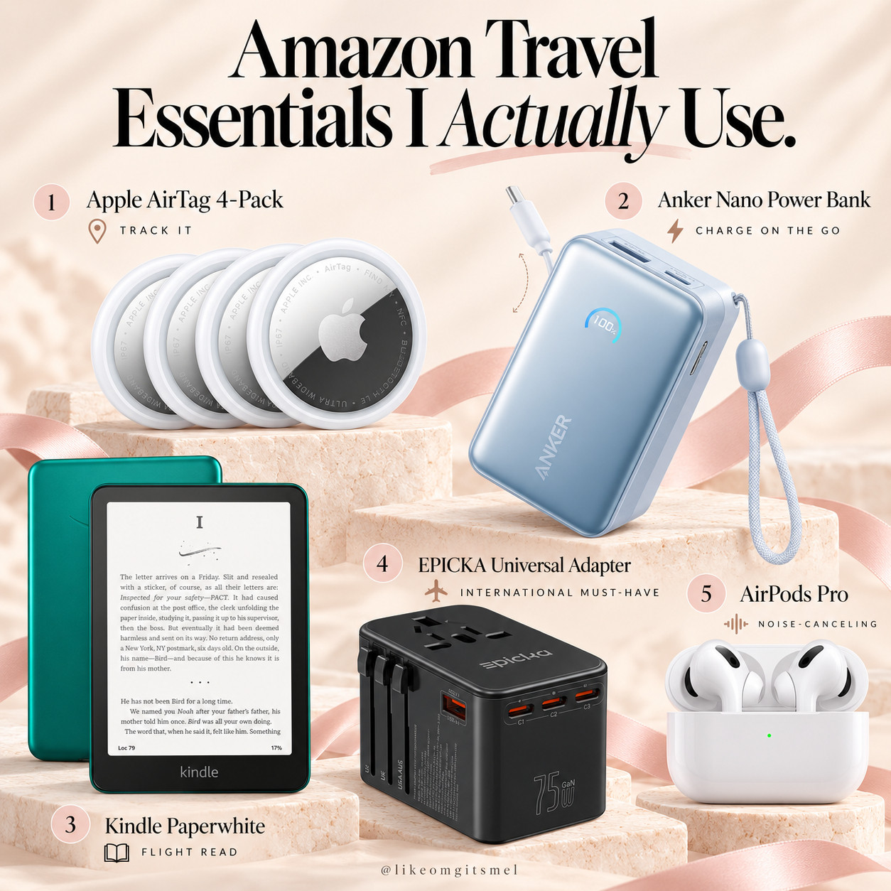 These are the Amazon travel essentials I actually use and would pack again. ✈️🧳 

They’re the practical little tech upgrades that make airport days, long flights + international trips feel so much easier—from keeping tabs on luggage to making sure your phone never hits 1% at the worst possible moment. 😂

5 Amazon Travel Essentials:
- 📍 Apple AirTag 4-Pack — perfect for keeping tabs on checked luggage, carry-ons + other travel gear
- 🔋 @Anker Nano Power Bank — compact portable charging for flights, sightseeing + long travel days
- 📚 Kindle Paperwhite — lightweight flight reading without packing multiple books
- 🌎 EPICKA Universal Travel Adapter — an international travel must-have for keeping devices powered abroad
- 🎧 Apple AirPods Pro — noise cancellation for flights, airports, trains + everyday travel

This is the kind of Amazon travel tech I love because every piece earns its space in my bag—especially for frequent flyers, international trips, weekend getaways + vacation packing.

📌 Save this for Amazon travel essentials, flight must-haves + vacation packing finds!

Everything is Linked! ↓

#LTKActive #LTKSaleAlert #LTKTravel