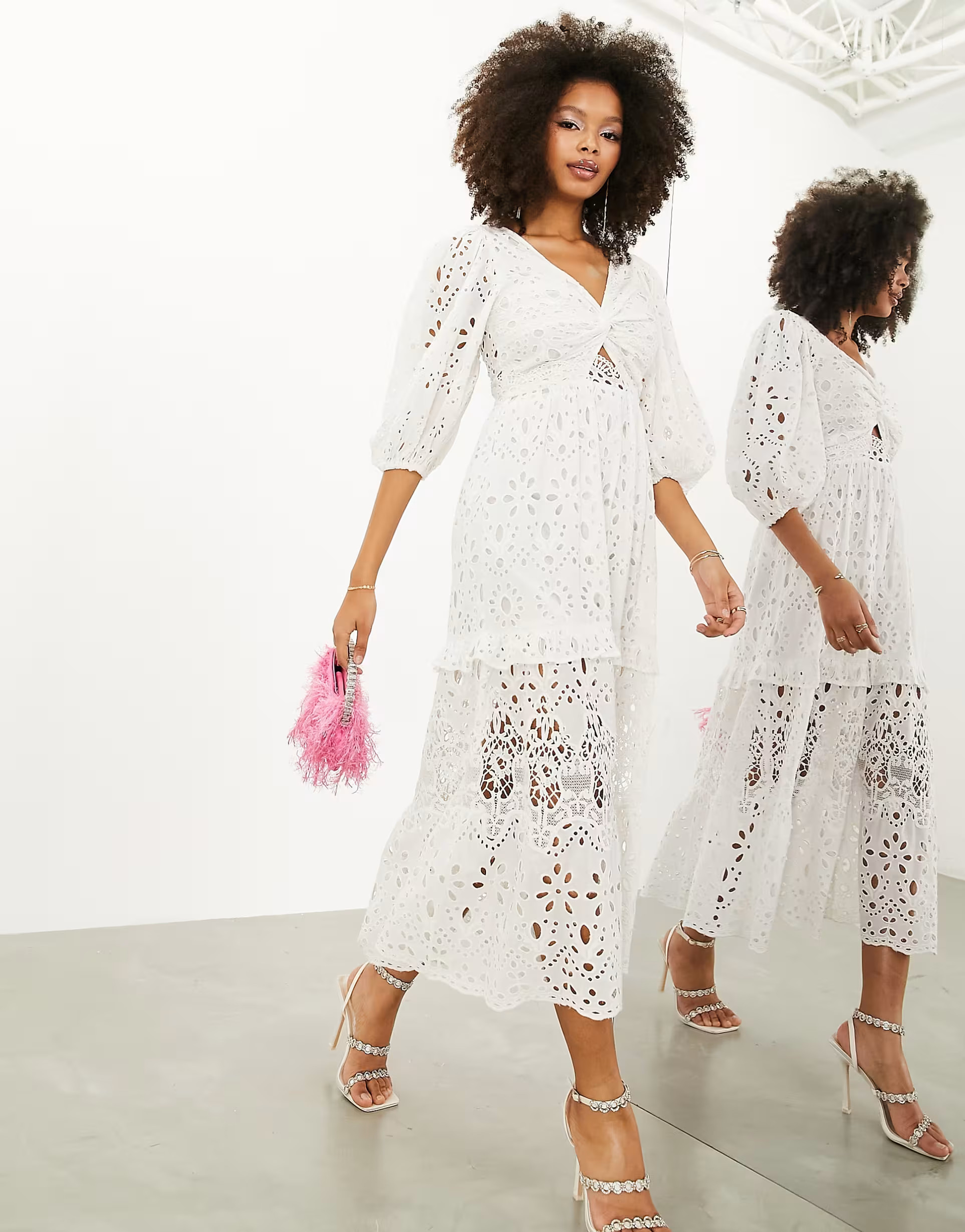 ASOS EDITION eyelet twist front midi dress with puff sleeve in white | ASOS | ASOS (Global)