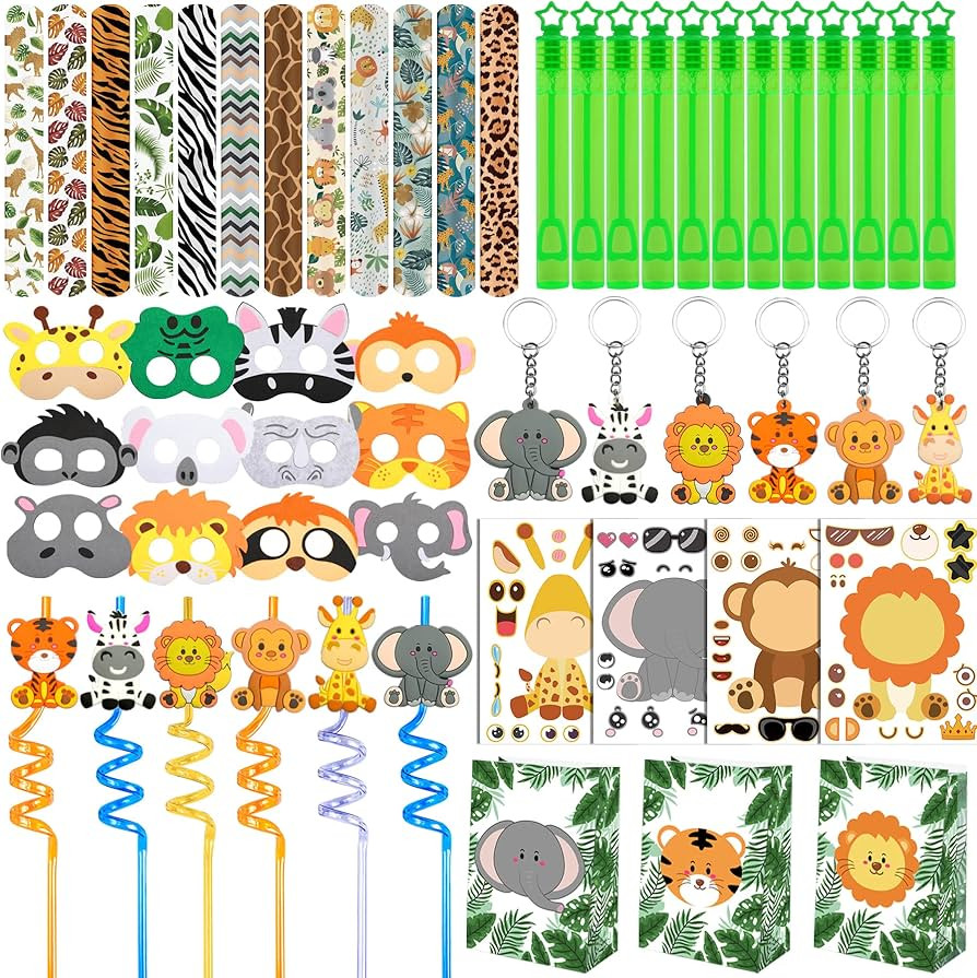 Jungle Safari Party Favors Set 84 PCS Wild Animals Theme Masks Sticker Keychains Straws Slap Brac... | Amazon (US)