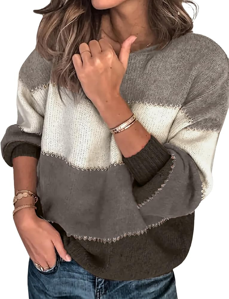 Women's Oversized Cute Color Block Sweaters Fall 2024 Casual Lightweight Ribbed Knit Crewneck Pul... | Amazon (US)