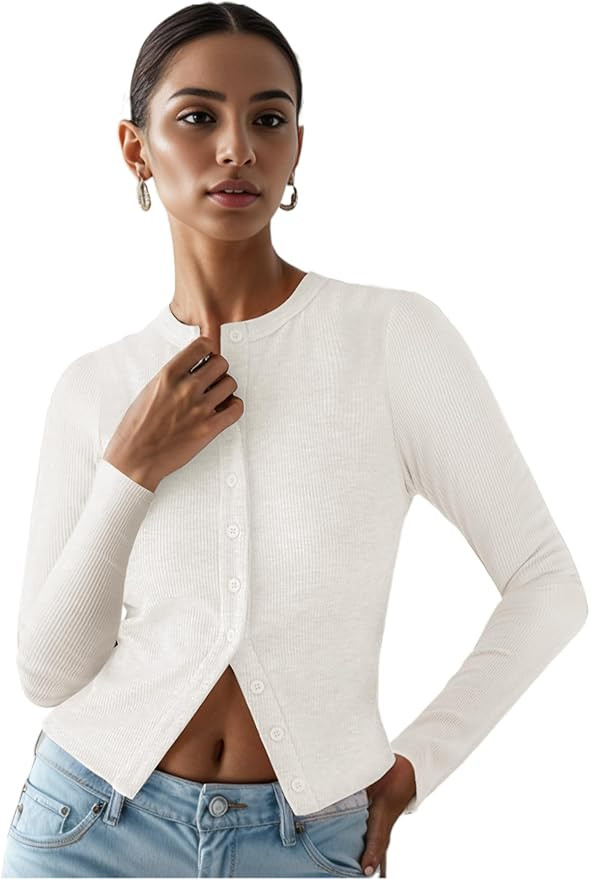 Ribbed Button Down Cardigan for Women, Long Sleeve Button Up Fall Knit Going Out Cropped Tops | Amazon (US)