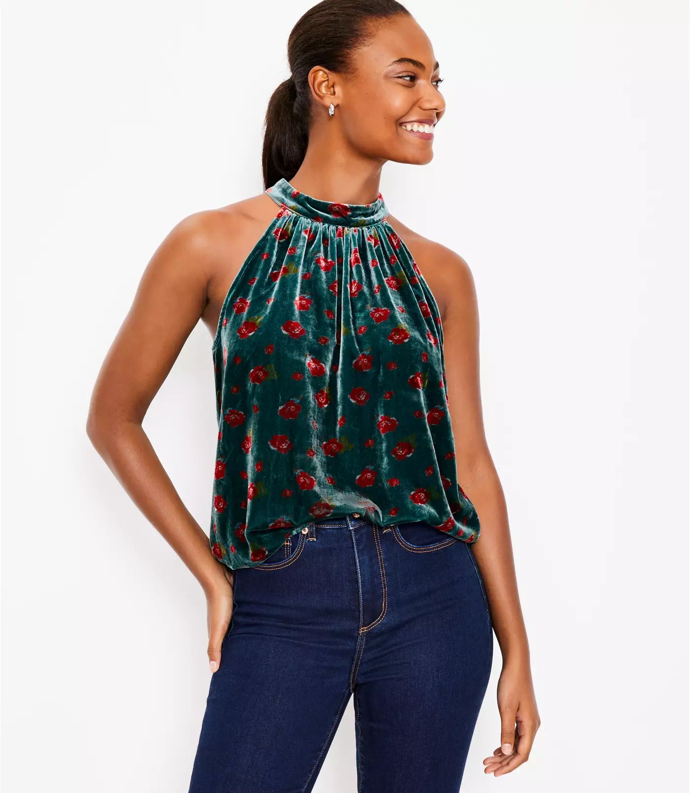 Floral Velvet Shirred Halter Top | LOFT | LOFT