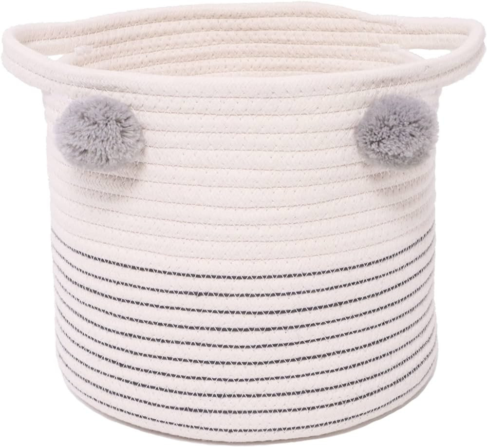 Small Woven Basket With Handle Pom Pom, 9.8 x 9.8 x 7.8 inch Grey-White Round Basket Cute Cotton ... | Amazon (US)