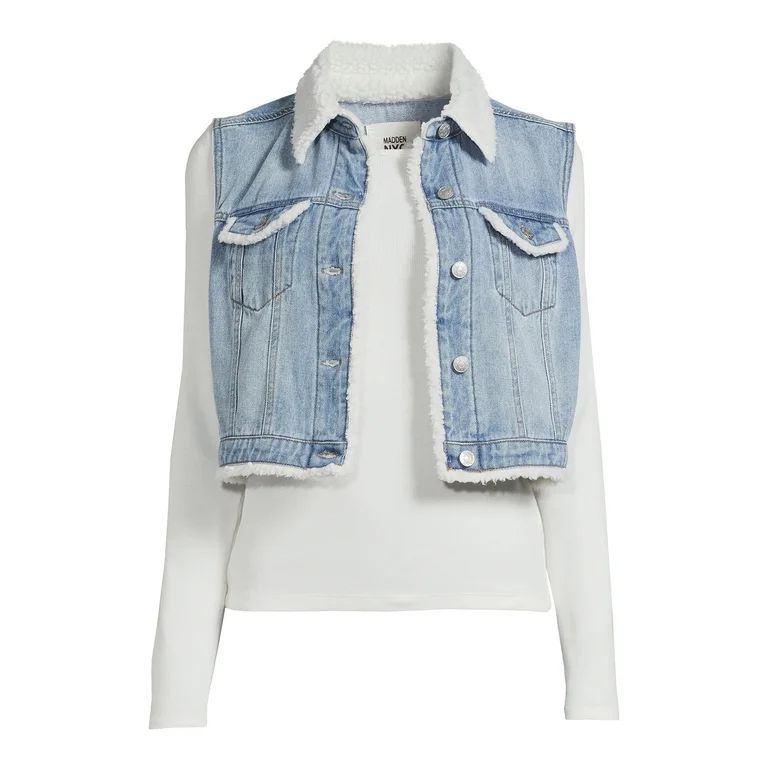 Madden NYC Juniors Denim Vest with Faux Sherpa Trim, Sizes XS-3XL | Walmart (US)