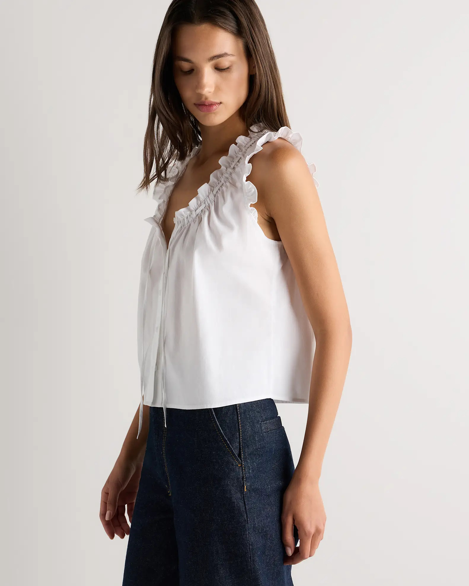 Cotton Viscose Voile Ruffle Trim Tank in Classic White | Quince