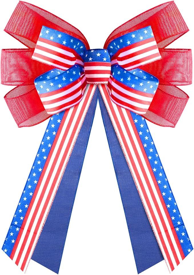 Patriotic Decor Bows for Wreaths, 16'' x 24'' Burlap Red White, Blue Stripe Stars Tree Topper Bow... | Amazon (US)