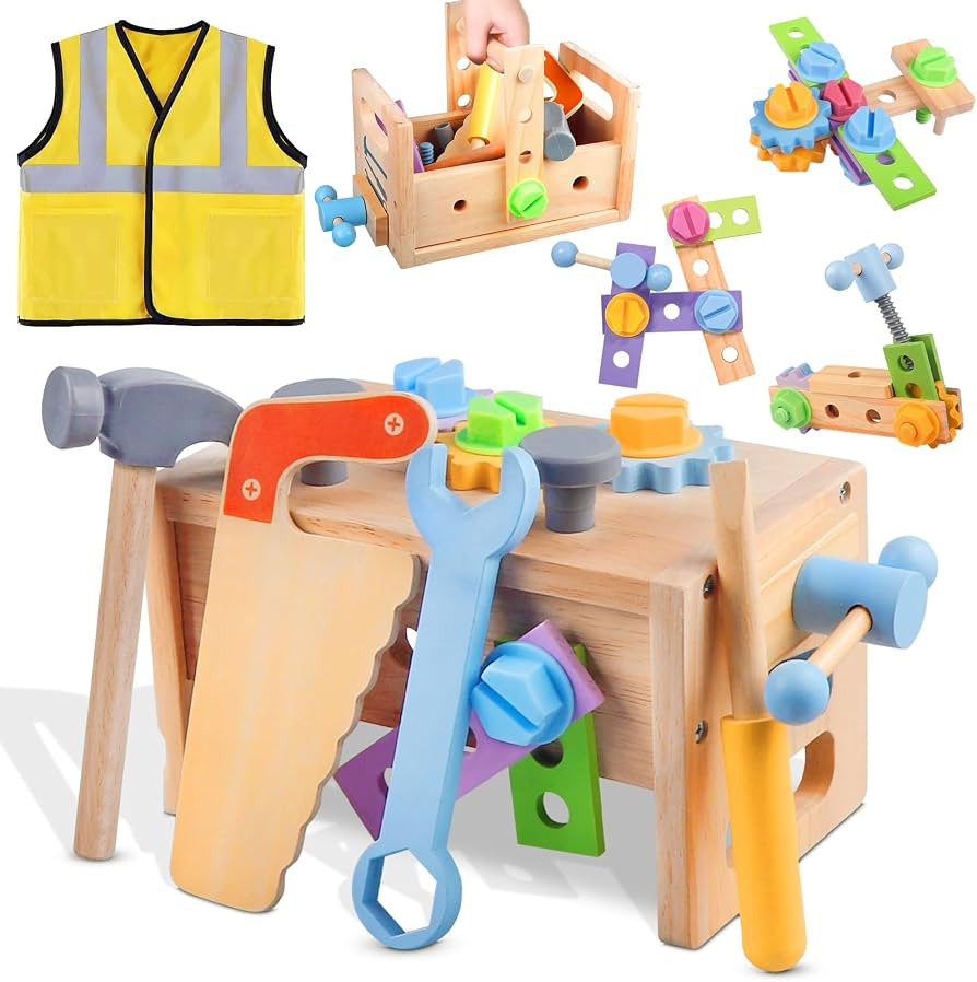 Aliex Wooden Kids Tool Set, 30pcs Toy Tools for Toddlers with Vest, Tool Kit Toddler Montessori S... | Amazon (US)