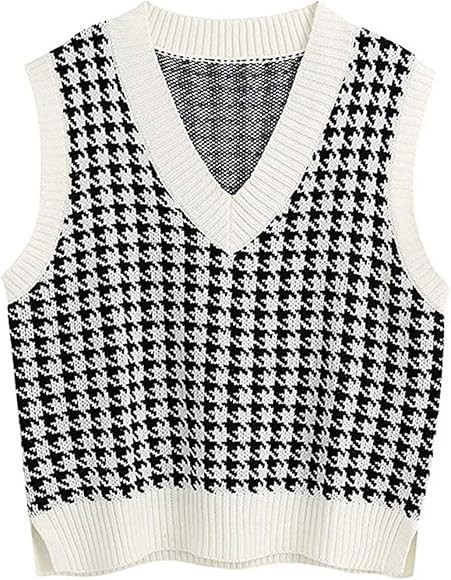 Jlihang Women Houndstooth Knitted Sweater Vest V Neck Casual Loose Oversized Vintage Pullover Top... | Amazon (CA)