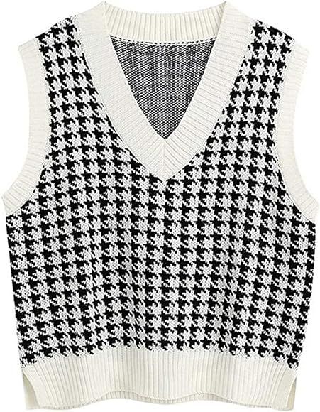 Jlihang Women Houndstooth Knitted Sweater Vest V Neck Casual Loose Oversized Vintage Pullover Top... | Amazon (CA)