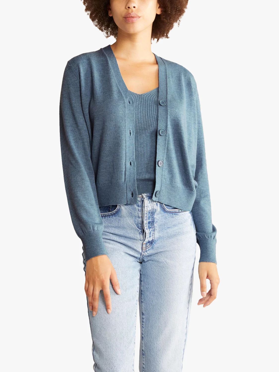 Albaray Classic V-Neck Cardigan, Marled Denim Blue | John Lewis (UK)