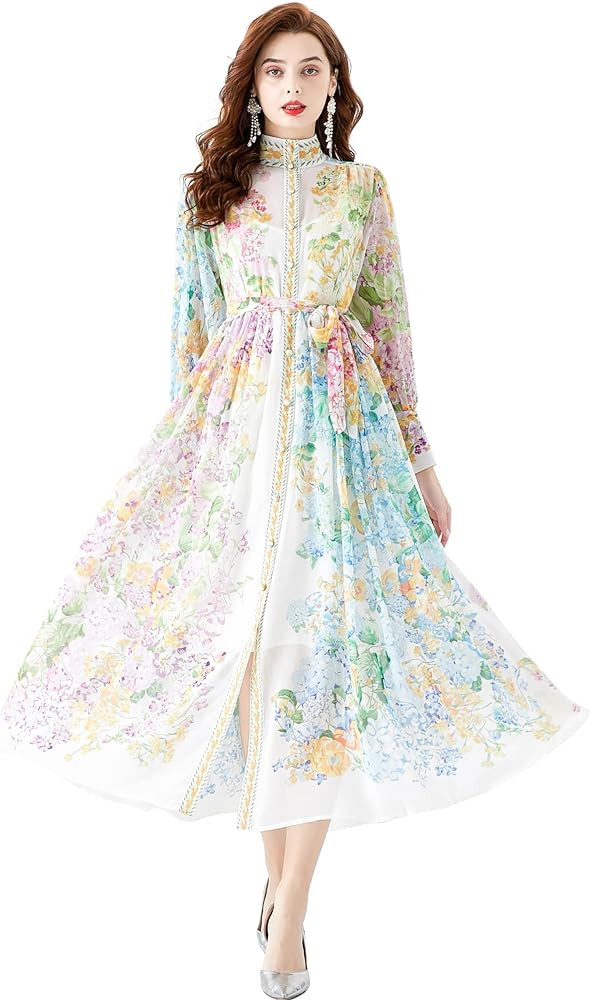 LAI MENG FIVE CATS Women Button Up Floral Print Casual Split A Line Flowy Maxi Wrap Dress | Amazon (US)