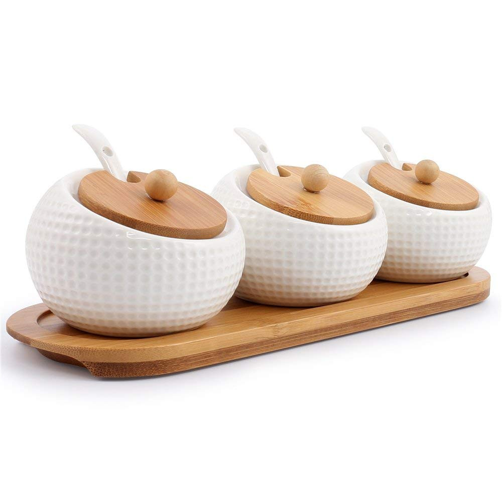 Porcelain Condiment Jar Spice Container with Lids - Bamboo Cap Holder Spot, Ceramic Serving Spoon... | Amazon (US)