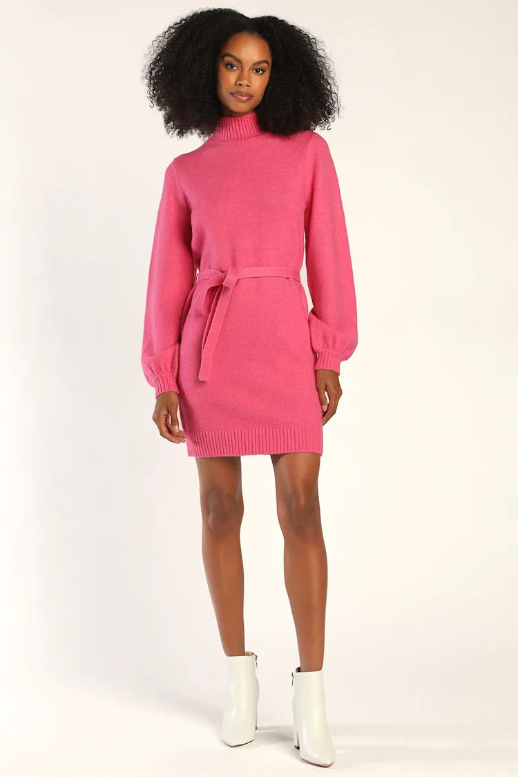 Chilly Day Cutie Hot Pink Mock Neck Long Sleeve Sweater Dress | Lulus (US)