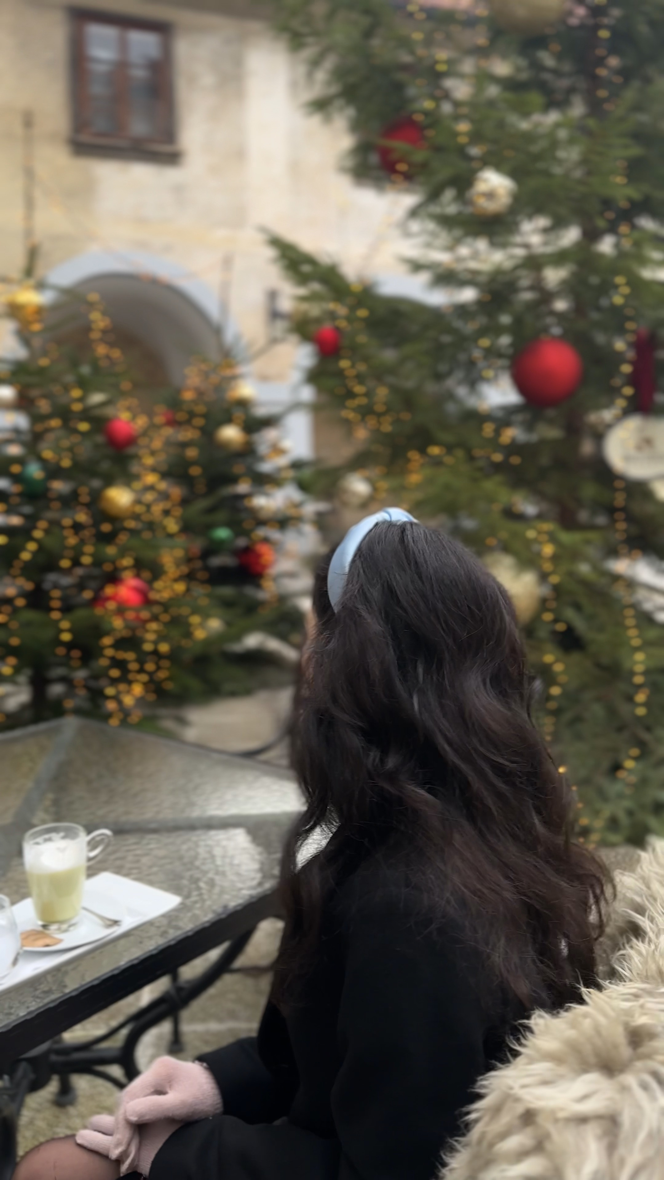 icy blue headband, casual Christmas outfits, classy Christmas outfit, Christmas outfits for women, holiday outfits Christmas, Christmas date aesthetic, white headband styling, matcha latte date, Christmas tree backdrop, cozy winter date, romantic holiday scene, back view fashion, festive café setting, winter hair accessories, holiday date ideas, European Christmas market, brunette winter style, elegant date outfit, Christmas lights bokeh, cozy holiday atmosphere, winter coffee date, romantic Christmas aesthetic, festive outdoor café, holiday couple goals, intimate Christmas moment 

 #LTKHoliday #LTKfoodie