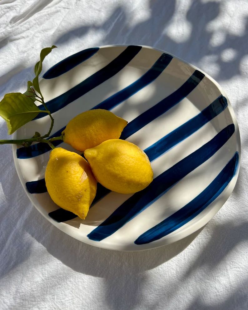 Artisanal Ceramic Dish Large Navy Blue Striped Plate - Etsy | Etsy (US)