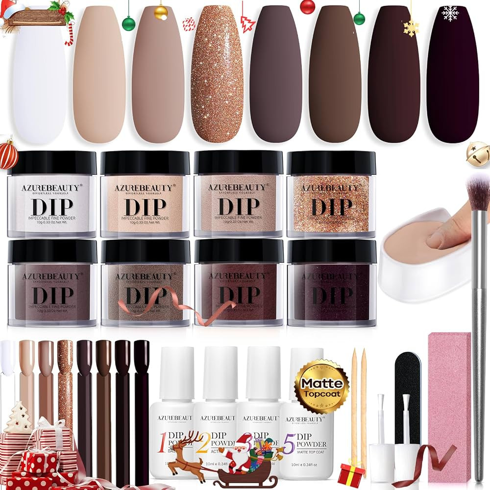 AZUREBEAUTY 30Pcs Dip Powder Nail Kit Starter, Christmas Dark Brown Purple Nude 8 Colors with Nai... | Amazon (US)