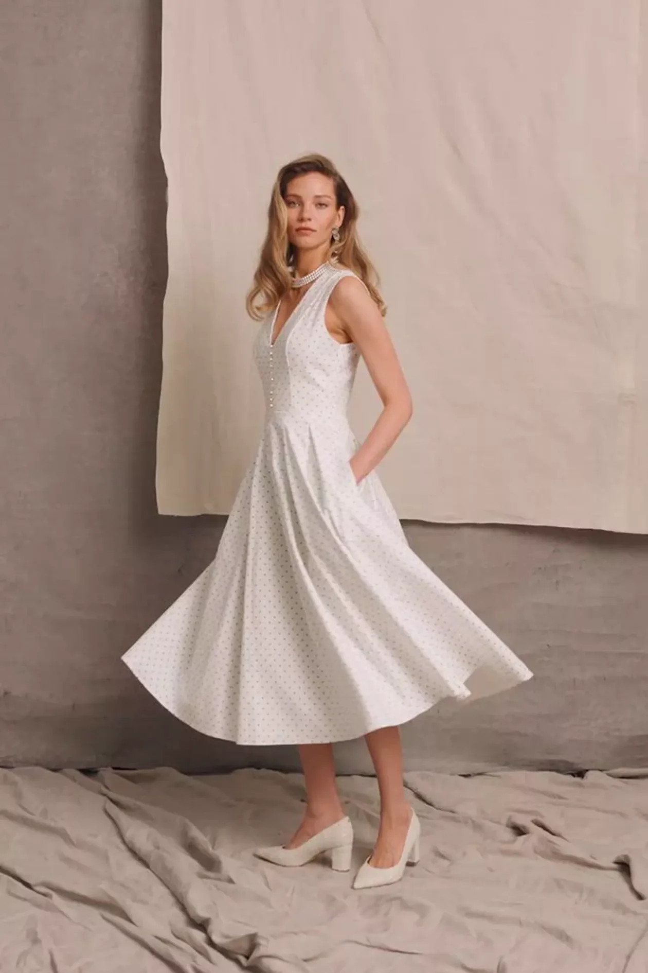 Lucie Sleeveless Dress (White Polka Dot) | Holland Cooper