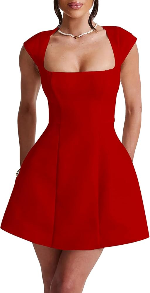 LuFeng Women's Square Neck Cap Sleeve Fully Lined Mini Dress Zipper A Line Party Club Dresses | Amazon (US)