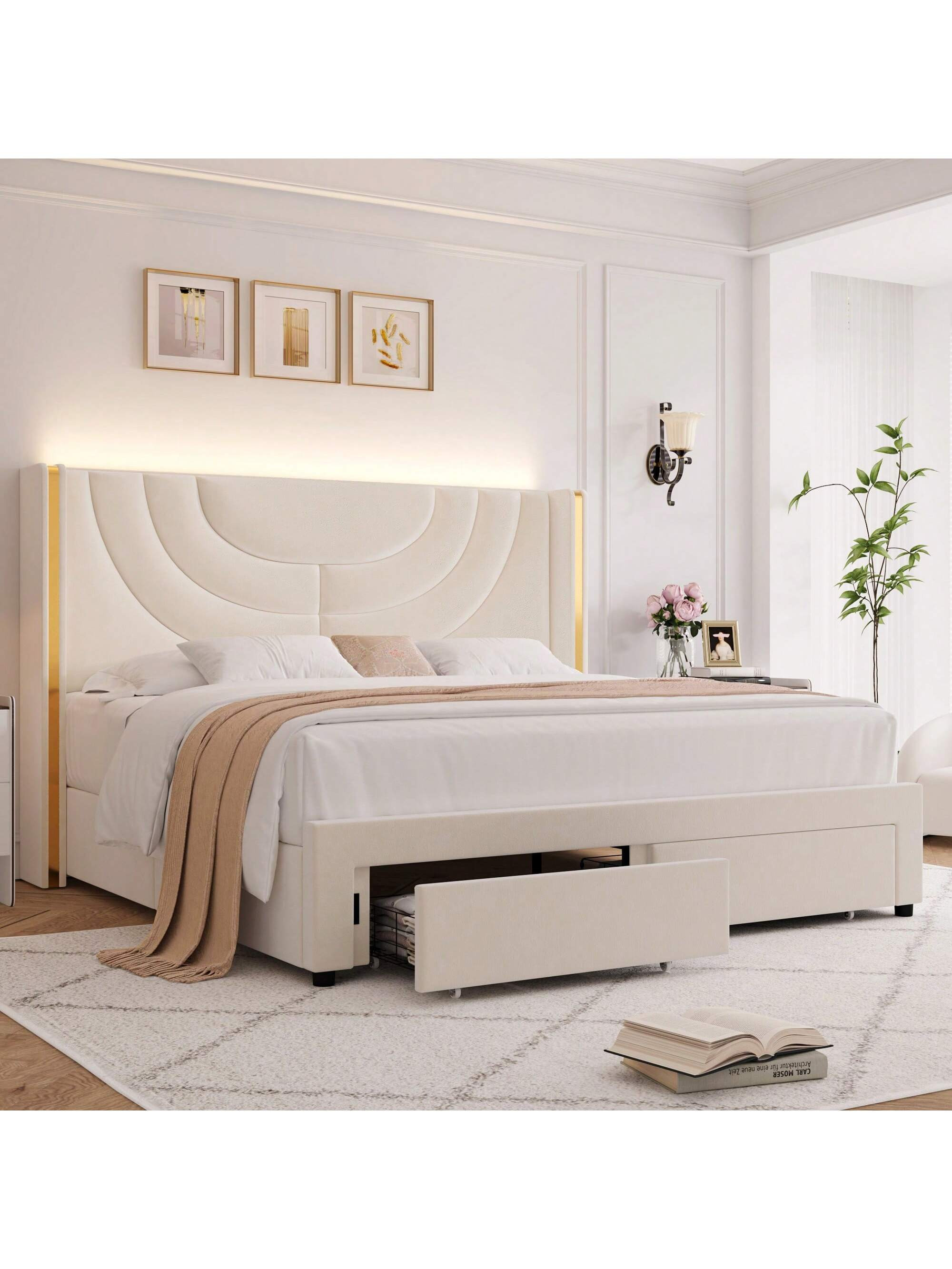Upholstered LED Bed Frame With 2 Storage Drawers, Velvet Platform Bed With Wingback Headboard, So... | SHEIN