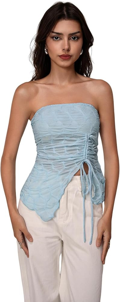 Women's Drawstring Split Strapless Tube Top Sheer Textured Sleeveless Bandeau Tops Going Out Shir... | Amazon (US)
