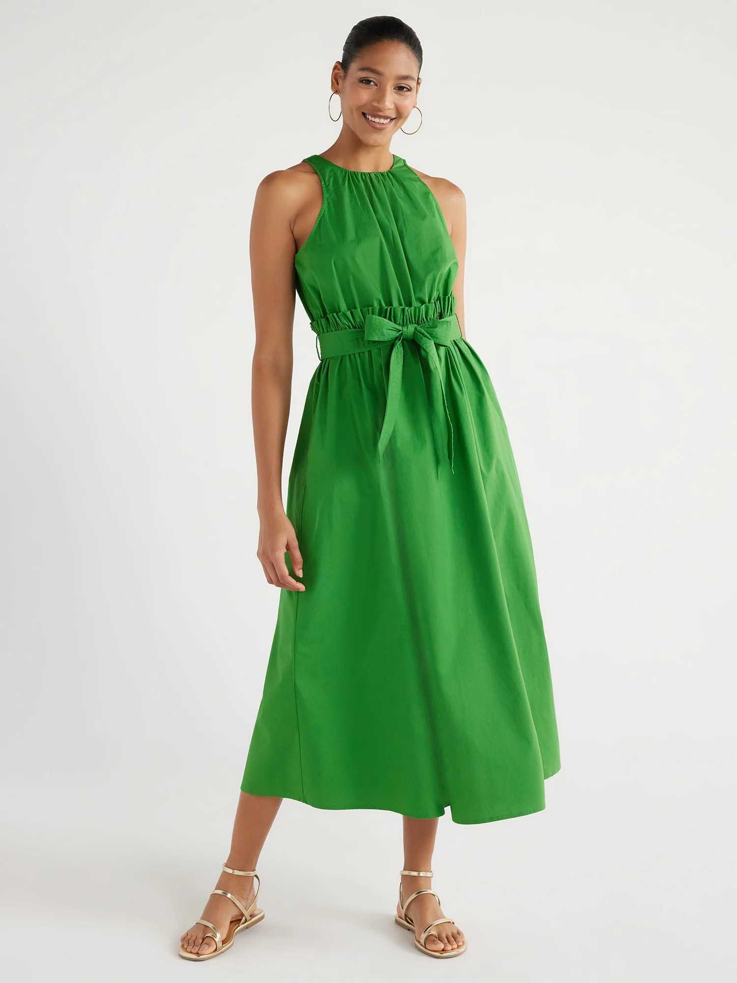 Scoop Women's Pleated Poplin Halter Dress with Self Tie Belt, Sizes XS-XXL | Walmart (US)