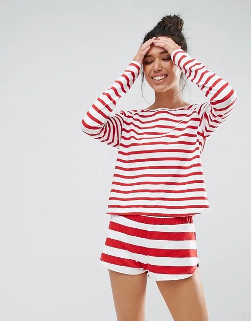ASOS 100% Cotton Contrast Stripe Red Long Sleeve Tee & Short Pajama Set | ASOS US