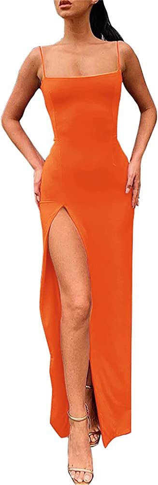 PRIMODA Women's Spaghetti Strap Backless Thigh-high Slit Bodycon Maxi Long Dress Club Party Dress | Amazon (US)