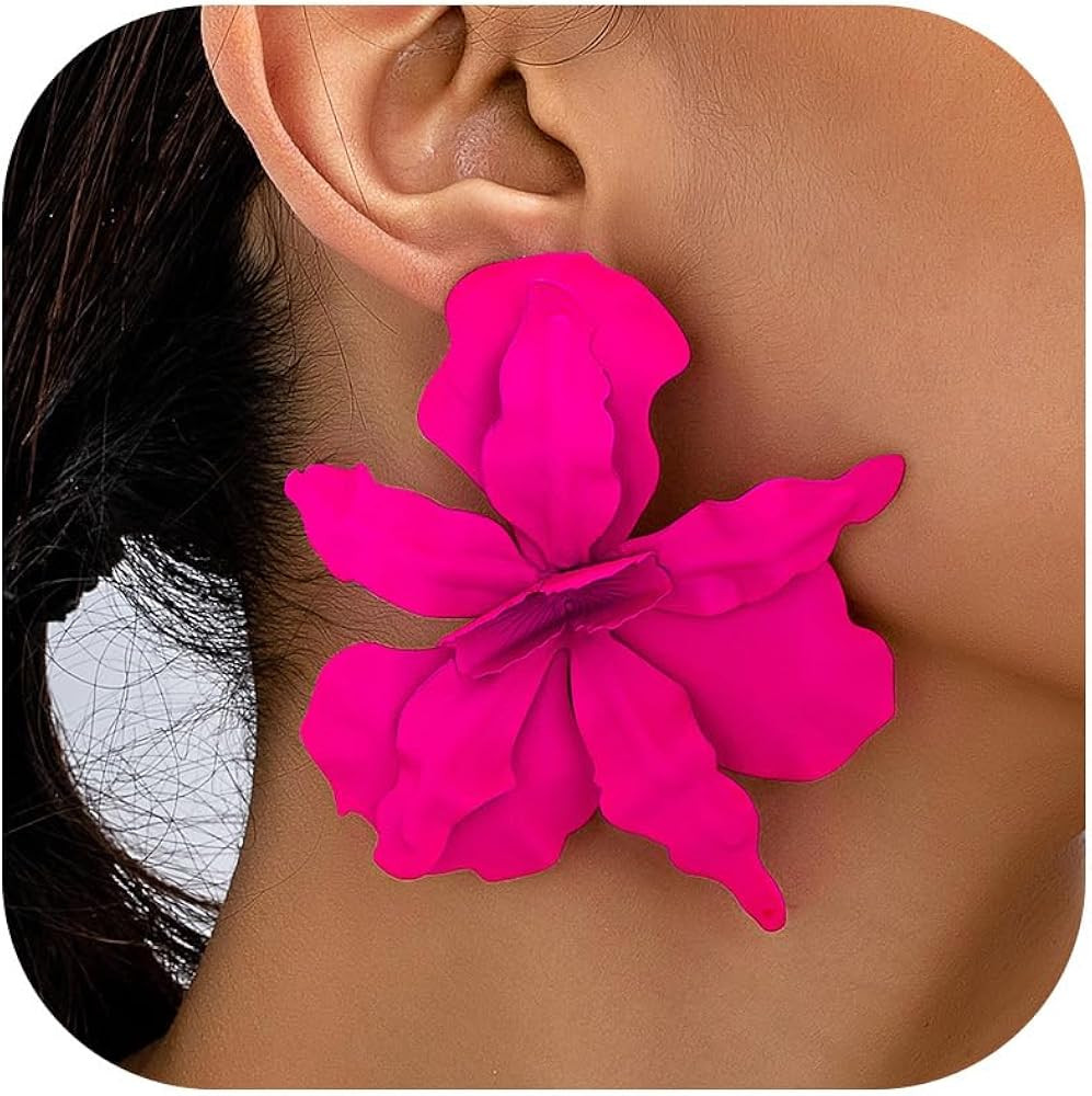 Gold Statement Flower Earrings for Women Trendy Pink Flower Dangle Drop Earrings Spring Statement... | Amazon (US)
