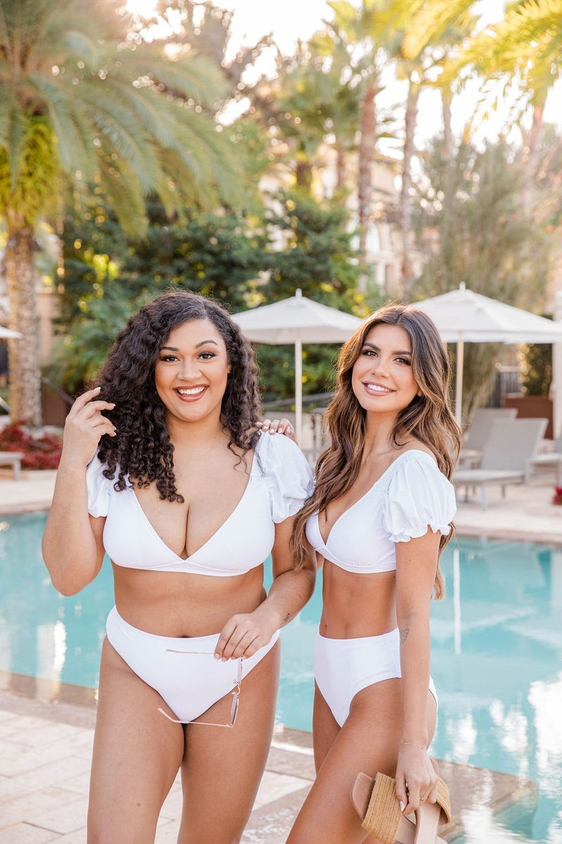 Go With The Flow White Puff Sleeve Bikini Top | The Pink Lily Boutique