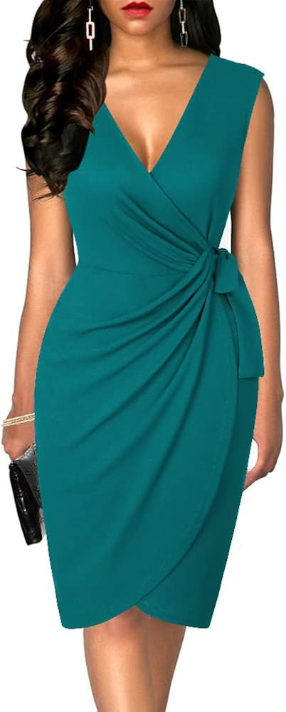 oten Womens Sleeveless Deep V Neck Sheath Knee Length Cocktail Party Work Faux Wrap Formal Dress | Amazon (US)
