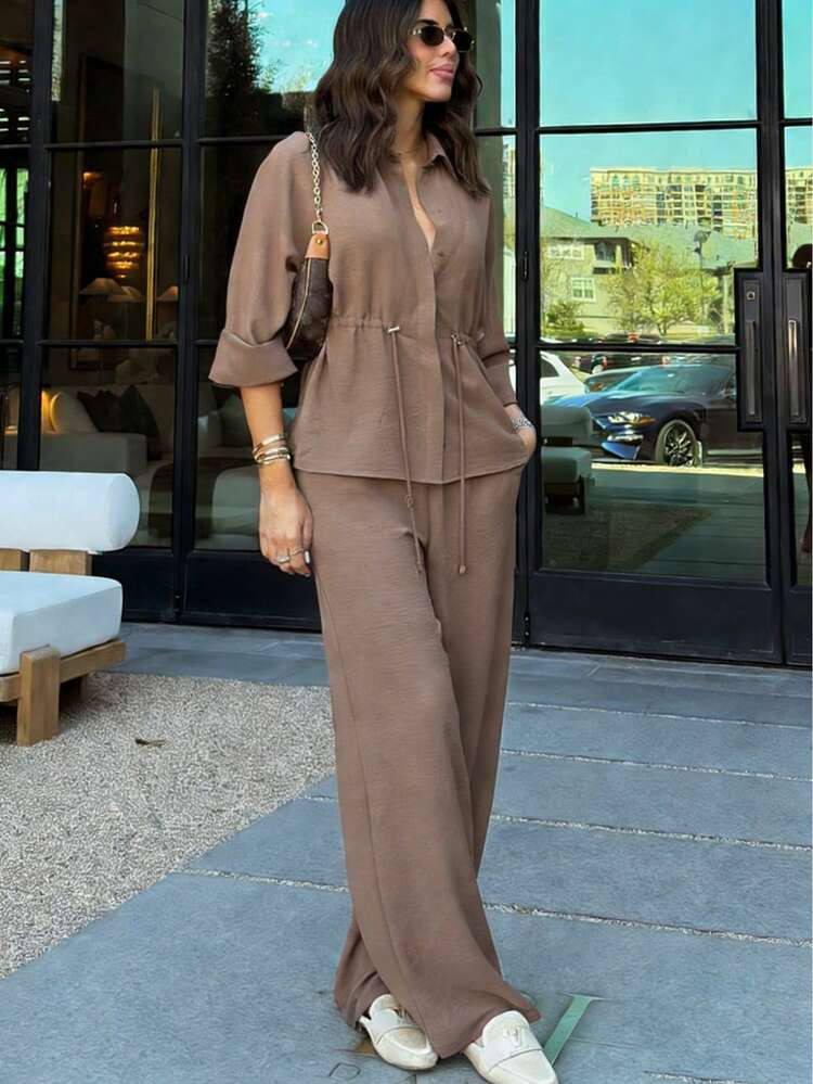 Women's 2-Piece Set, Solid Color 7/8 Sleeve Turndown Collar Drawstring Casual Loose Top + Elastic Waist Wide Leg Pants Summer | SHEIN